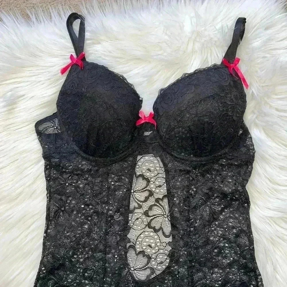 Dreamgirl Lingerie Y2K Black Floral Lace Babydoll Dress Medium Garters Neon Pink - Picture 2 of 8